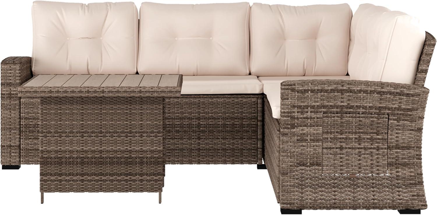 image:imageFlash Furniture Huck Wicker Rattan Conversation Set Versatile IndoorOutdoor Use LShaped Sofa and Dining Table WeatherResistant Cushions GrayBeige CushionsBrown Frame