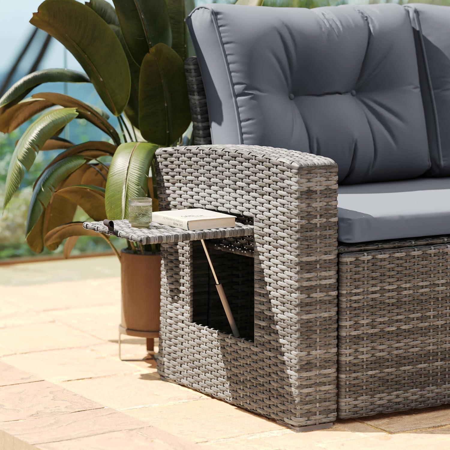 image:imageFlash Furniture Huck Wicker Rattan Conversation Set Versatile IndoorOutdoor Use LShaped Sofa and Dining Table WeatherResistant Cushions GrayGray CushionsGray Frame