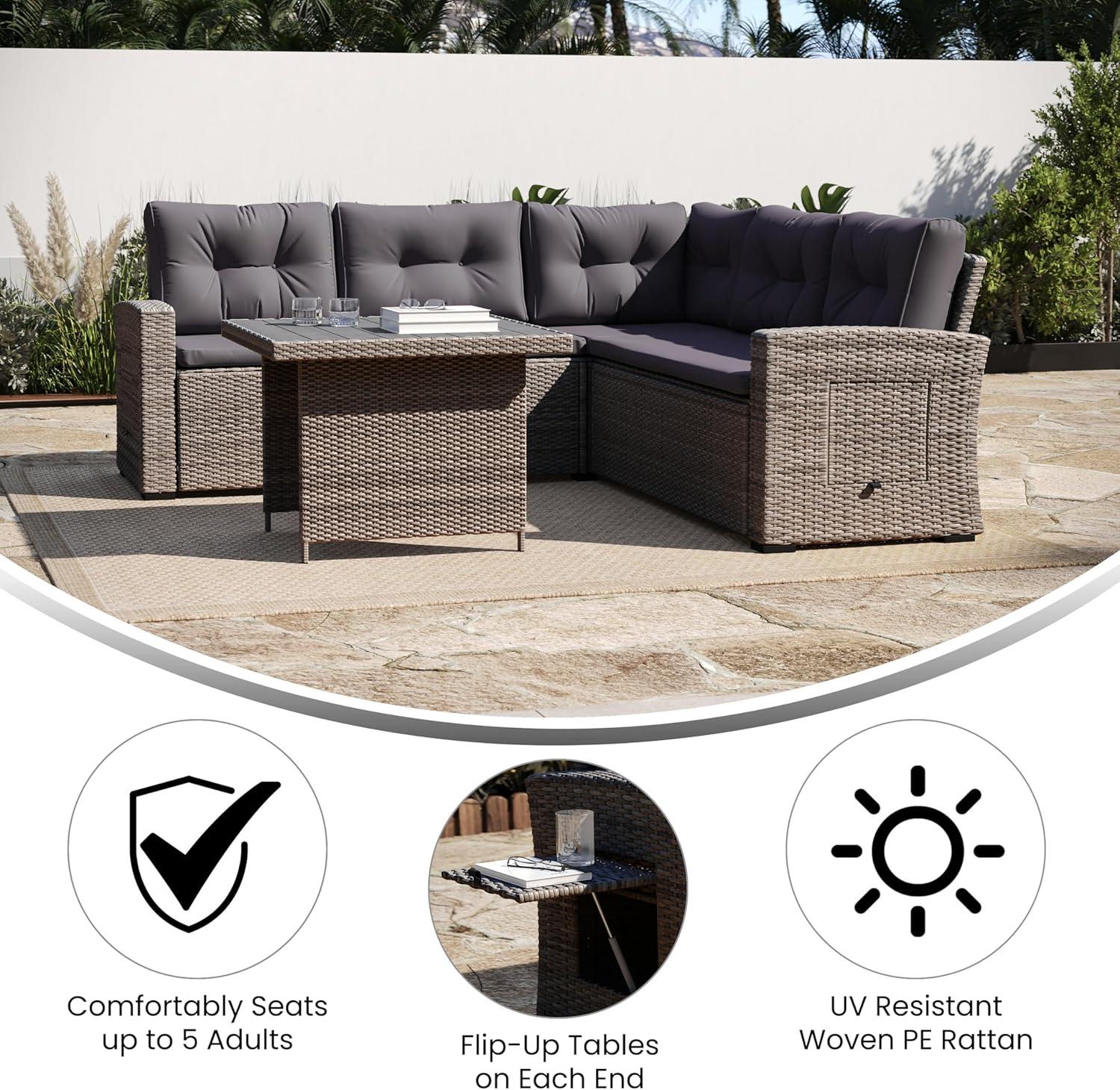 image:imageFlash Furniture Huck Wicker Rattan Conversation Set Versatile IndoorOutdoor Use LShaped Sofa and Dining Table WeatherResistant Cushions GrayGray CushionsGray Frame
