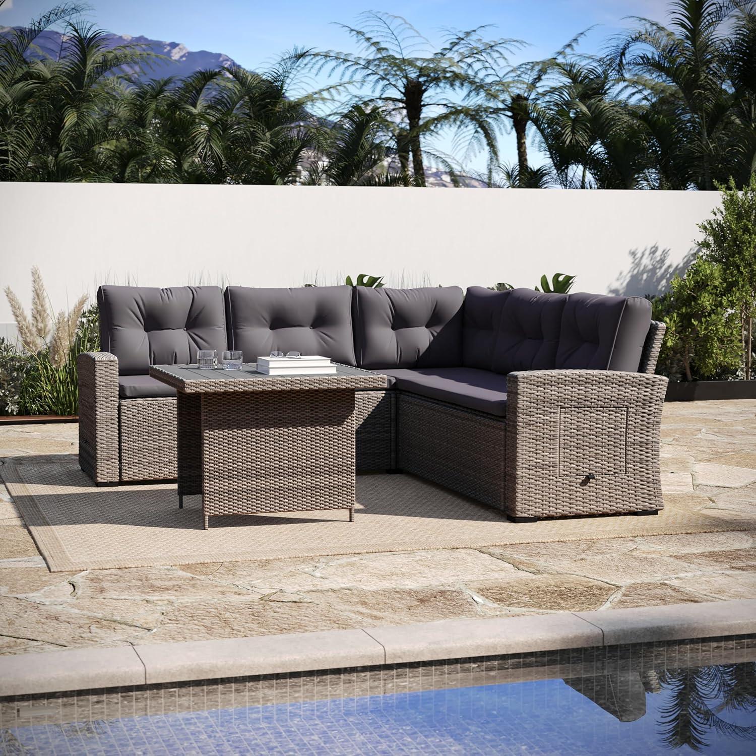 image:imageFlash Furniture Huck Wicker Rattan Conversation Set Versatile IndoorOutdoor Use LShaped Sofa and Dining Table WeatherResistant Cushions GrayGray CushionsGray Frame