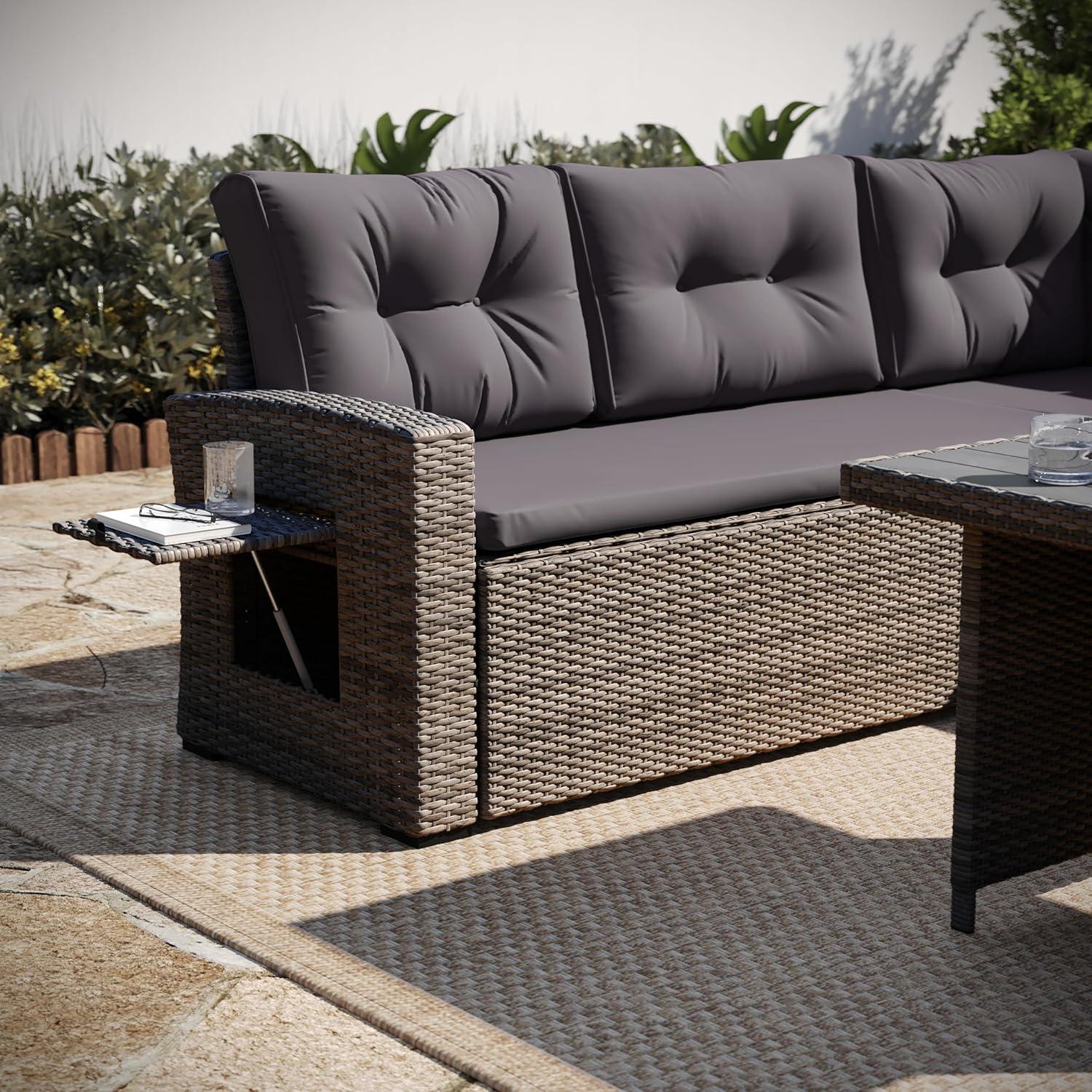 image:imageFlash Furniture Huck Wicker Rattan Conversation Set Versatile IndoorOutdoor Use LShaped Sofa and Dining Table WeatherResistant Cushions GrayGray CushionsGray Frame