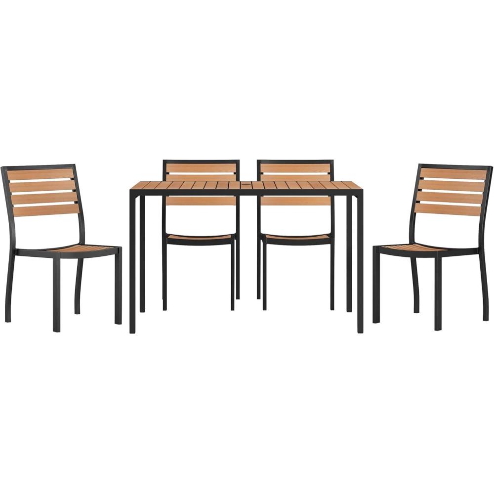 image:imageFlash Furniture 5 Piece Patio Table Set Synthetic Teak Poly Slats 30 x 48 Steel Framed Table with 4 Faux Teak Chairs
