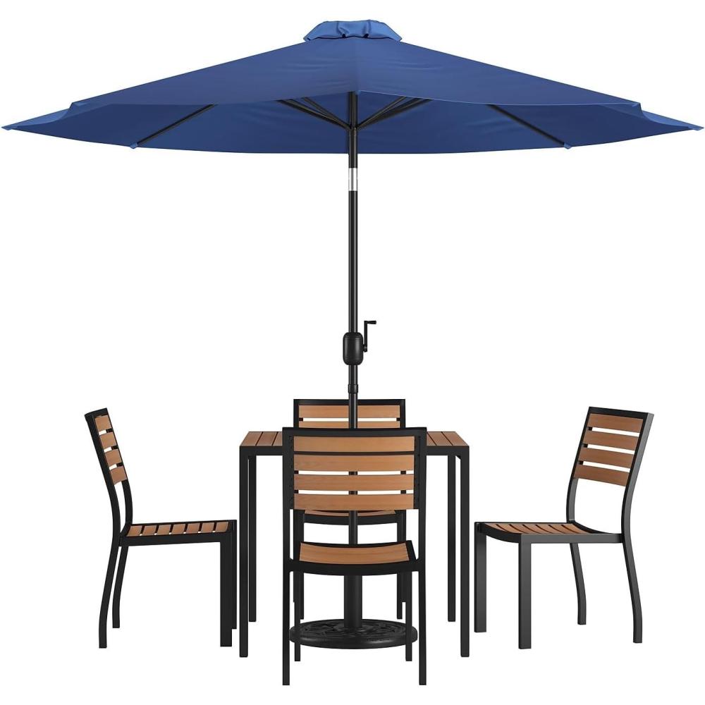 image:imageFlash Furniture 7 Piece Patio Table Set 4 Synthetic Stackable Faux Teak Chairs 35 Square Faux Teak Table Tan Umbrella with BaseNavy