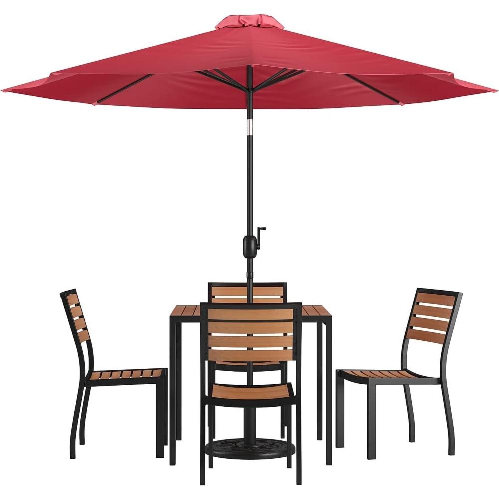 image:imageFlash Furniture 7 Piece Patio Table Set 4 Synthetic Stackable Faux Teak Chairs 35 Square Faux Teak Table Tan Umbrella with BaseRed