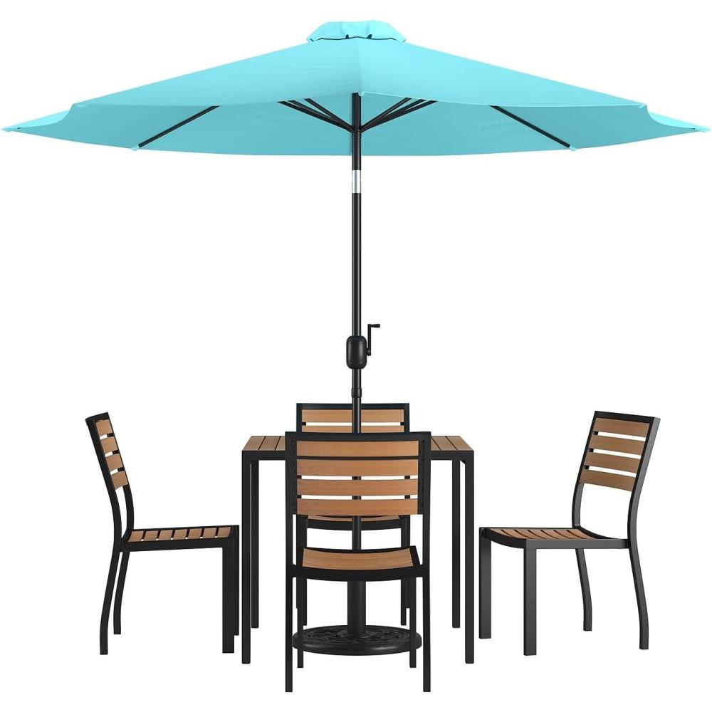 image:imageFlash Furniture 7 Piece Patio Table Set 4 Synthetic Stackable Faux Teak Chairs 35 Square Faux Teak Table Tan Umbrella with BaseTeal