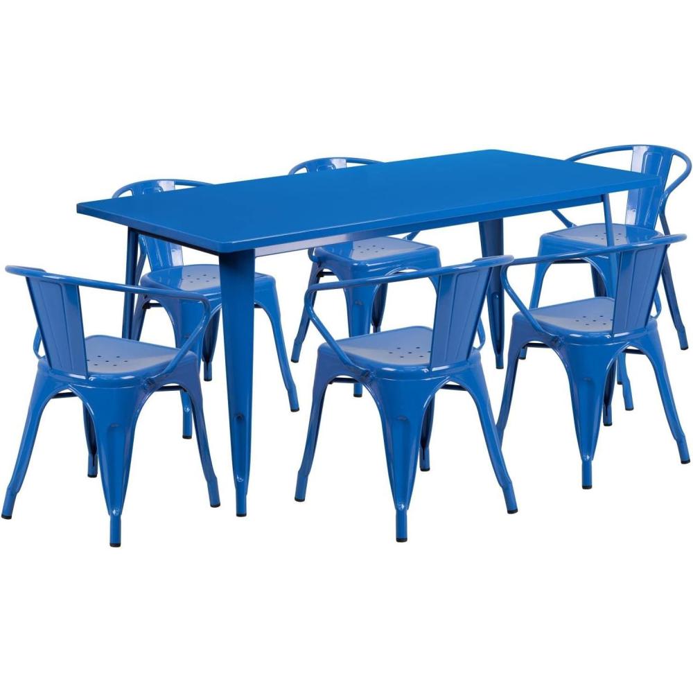 image:imageFlash Furniture Commercial Grade 315 x 63 Rectangular Black Metal IndoorOutdoor Table Set with 6 Arm ChairsBlue