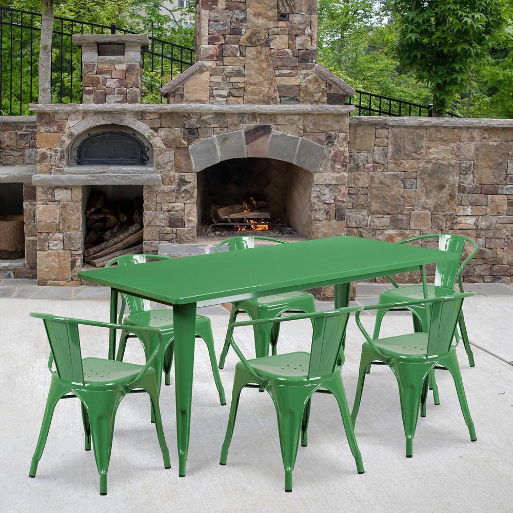 image:imageFlash Furniture Commercial Grade 315 x 63 Rectangular Black Metal IndoorOutdoor Table Set with 6 Arm ChairsGreen