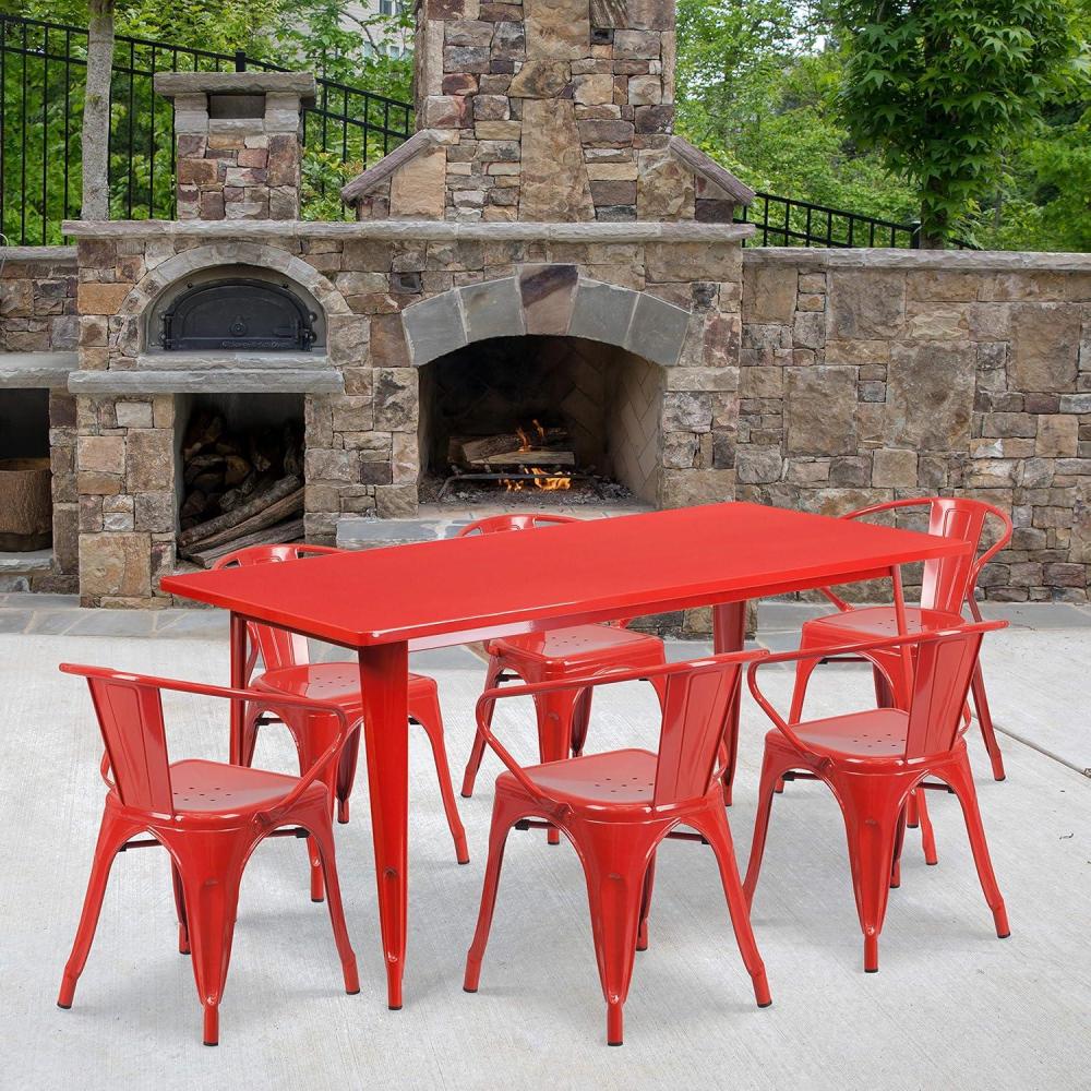 image:imageFlash Furniture Commercial Grade 315 x 63 Rectangular Black Metal IndoorOutdoor Table Set with 6 Arm ChairsRed