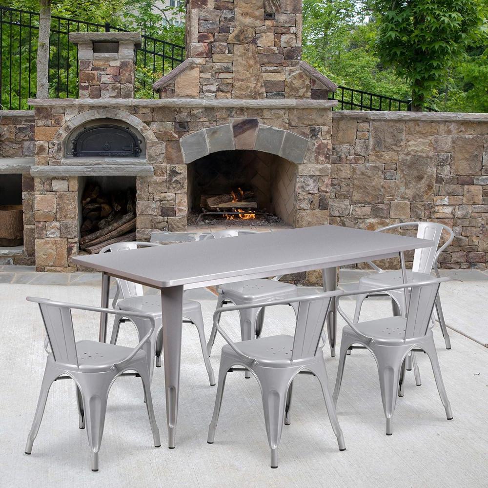 image:imageFlash Furniture Commercial Grade 315 x 63 Rectangular Black Metal IndoorOutdoor Table Set with 6 Arm ChairsSilver
