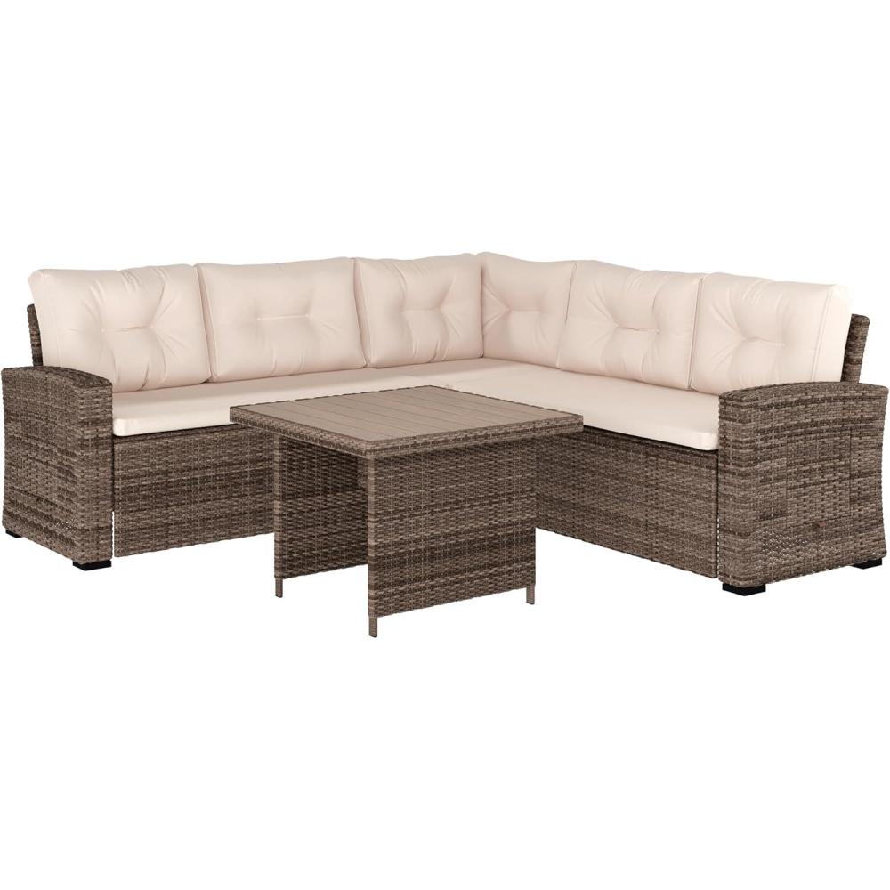 image:imageFlash Furniture Huck Wicker Rattan Conversation Set Versatile IndoorOutdoor Use LShaped Sofa and Dining Table WeatherResistant Cushions GrayBeige CushionsBrown Frame