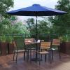 Flash Furniture 7 Piece Patio Table Set – 4 Synthetic Stackable Faux Teak Chairs – 35″ Square Faux Teak Table – Tan Umbrella with Base(Navy)