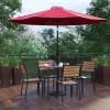 Flash Furniture 7 Piece Patio Table Set – 4 Synthetic Stackable Faux Teak Chairs – 35″ Square Faux Teak Table – Tan Umbrella with Base(Red)