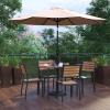 Flash Furniture 7 Piece Patio Table Set – 4 Synthetic Stackable Faux Teak Chairs – 35″ Square Faux Teak Table – Tan Umbrella with Base(Tan)