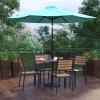 Flash Furniture 7 Piece Patio Table Set – 4 Synthetic Stackable Faux Teak Chairs – 35″ Square Faux Teak Table – Tan Umbrella with Base(Teal)