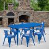 Flash Furniture Commercial Grade 31.5″ x 63″ Rectangular Black Metal Indoor-Outdoor Table Set with 6 Arm Chairs(Blue)
