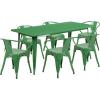 Flash Furniture Commercial Grade 31.5″ x 63″ Rectangular Black Metal Indoor-Outdoor Table Set with 6 Arm Chairs(Green)