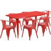 Flash Furniture Commercial Grade 31.5″ x 63″ Rectangular Black Metal Indoor-Outdoor Table Set with 6 Arm Chairs(Red)