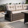 Flash Furniture Huck Wicker Rattan Conversation Set, Versatile Indoor/Outdoor Use, L-Shaped Sofa and Dining Table, Weather-Resistant Cushions, Gray(Beige Cushions/Brown Frame)