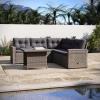Flash Furniture Huck Wicker Rattan Conversation Set, Versatile Indoor/Outdoor Use, L-Shaped Sofa and Dining Table, Weather-Resistant Cushions, Gray(Gray Cushions/Gray Frame)