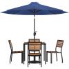 Flash Furniture 7 Piece Patio Table Set – 4 Synthetic Stackable Faux Teak Chairs – 35″ Square Faux Teak Table – Tan Umbrella with Base(Navy)