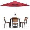 Flash Furniture 7 Piece Patio Table Set – 4 Synthetic Stackable Faux Teak Chairs – 35″ Square Faux Teak Table – Tan Umbrella with Base(Red)