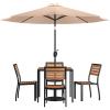 Flash Furniture 7 Piece Patio Table Set – 4 Synthetic Stackable Faux Teak Chairs – 35″ Square Faux Teak Table – Tan Umbrella with Base(Tan)