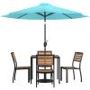 Flash Furniture 7 Piece Patio Table Set – 4 Synthetic Stackable Faux Teak Chairs – 35″ Square Faux Teak Table – Tan Umbrella with Base(Teal)