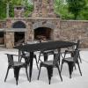 Flash Furniture Commercial Grade 31.5″ x 63″ Rectangular Black Metal Indoor-Outdoor Table Set with 6 Arm Chairs(Black)