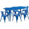 Flash Furniture Commercial Grade 31.5″ x 63″ Rectangular Black Metal Indoor-Outdoor Table Set with 6 Arm Chairs(Blue)