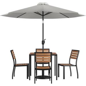 Flash Furniture 7 Piece Patio Table Set – 4 Synthetic Stackable Faux Teak Chairs – 35″ Square Faux Teak Table – Tan Umbrella with Base(Grey)