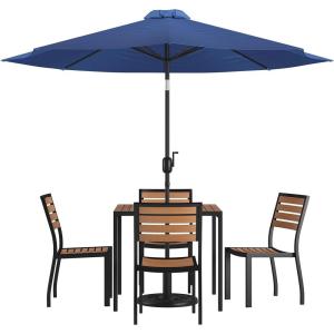 Flash Furniture 7 Piece Patio Table Set – 4 Synthetic Stackable Faux Teak Chairs – 35″ Square Faux Teak Table – Tan Umbrella with Base(Navy)