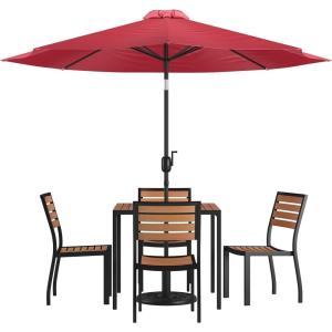 Flash Furniture 7 Piece Patio Table Set – 4 Synthetic Stackable Faux Teak Chairs – 35″ Square Faux Teak Table – Tan Umbrella with Base(Red)