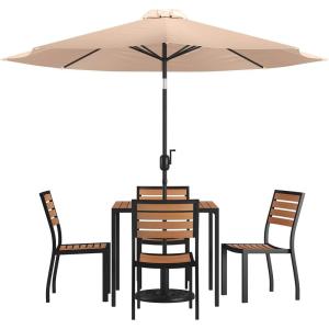 Flash Furniture 7 Piece Patio Table Set – 4 Synthetic Stackable Faux Teak Chairs – 35″ Square Faux Teak Table – Tan Umbrella with Base(Tan)