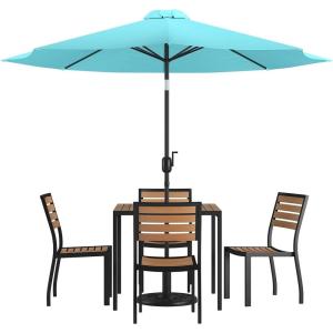 Flash Furniture 7 Piece Patio Table Set – 4 Synthetic Stackable Faux Teak Chairs – 35″ Square Faux Teak Table – Tan Umbrella with Base(Teal)