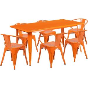 Flash Furniture Commercial Grade 31.5″ x 63″ Rectangular Black Metal Indoor-Outdoor Table Set with 6 Arm Chairs(Orange)