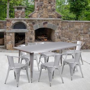 Flash Furniture Commercial Grade 31.5″ x 63″ Rectangular Black Metal Indoor-Outdoor Table Set with 6 Arm Chairs(Silver)
