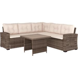 Flash Furniture Huck Wicker Rattan Conversation Set, Versatile Indoor/Outdoor Use, L-Shaped Sofa and Dining Table, Weather-Resistant Cushions, Gray(Beige Cushions/Brown Frame)
