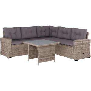 Flash Furniture Huck Wicker Rattan Conversation Set, Versatile Indoor/Outdoor Use, L-Shaped Sofa and Dining Table, Weather-Resistant Cushions, Gray(Gray Cushions/Gray Frame)