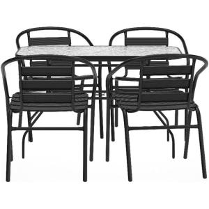 Flash Furniture Lila Commercial 5-Piece Outdoor Dining Set, Tempered Glass Patio Table with Umbrella Hole, 4 Triple Slat Chairs, 47″, Black