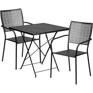 Flash Furniture Oia Commercial Grade 28″ Square White Indoor-Outdoor Steel Folding Patio Table Set with 2 Square Back Chairs(Black)