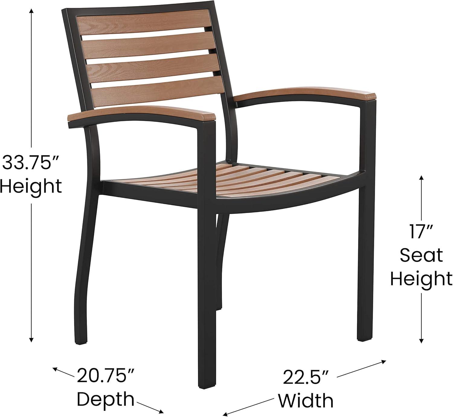 image:imageFlash Furniture 3 Piece Outdoor Dining Table Set Synthetic Teak Poly Slats 35 Square Steel Framed Table with Umbrella Holder Hole 2 Stackable Club Chairs