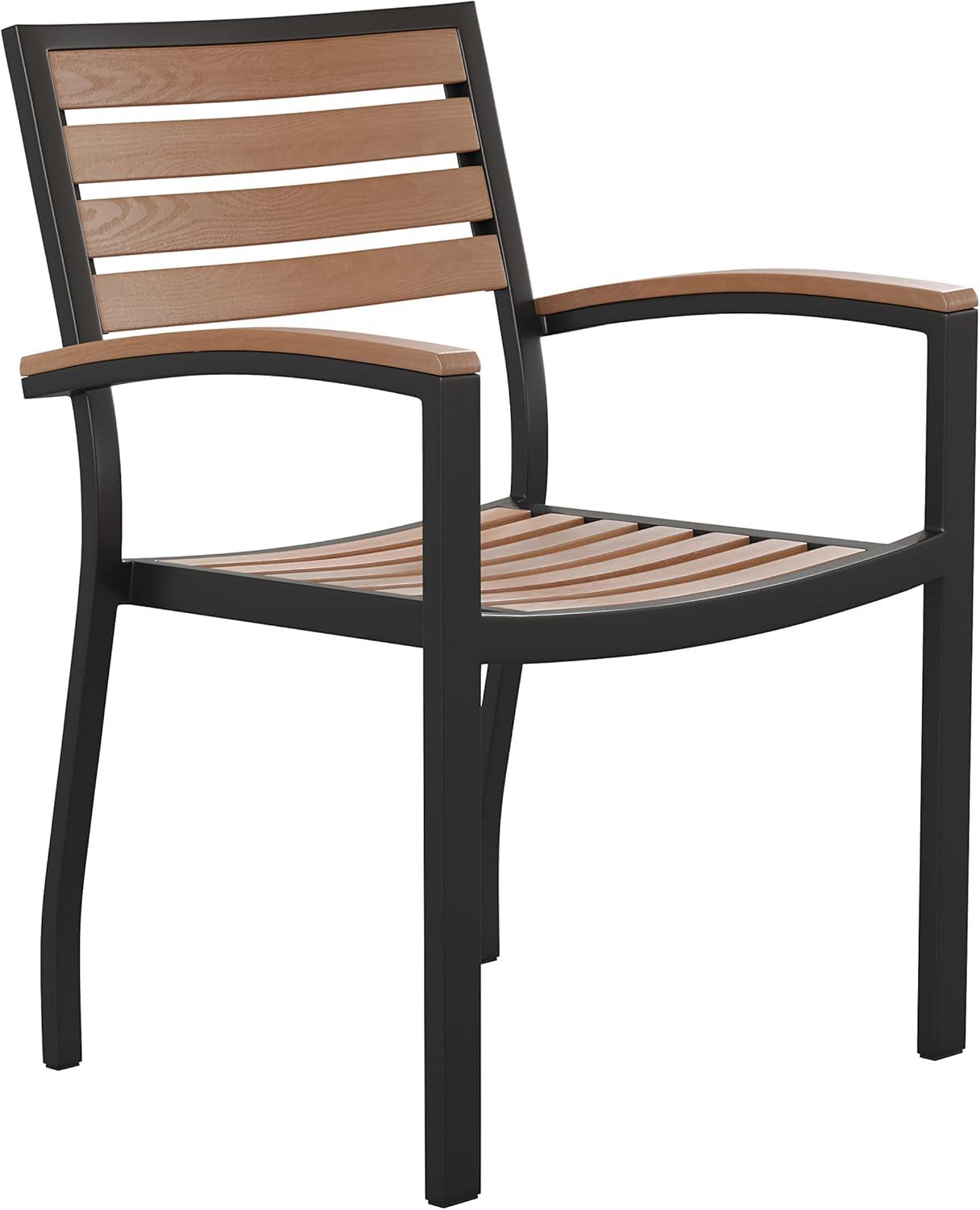 image:imageFlash Furniture 3 Piece Outdoor Dining Table Set Synthetic Teak Poly Slats 35 Square Steel Framed Table with Umbrella Holder Hole 2 Stackable Club Chairs
