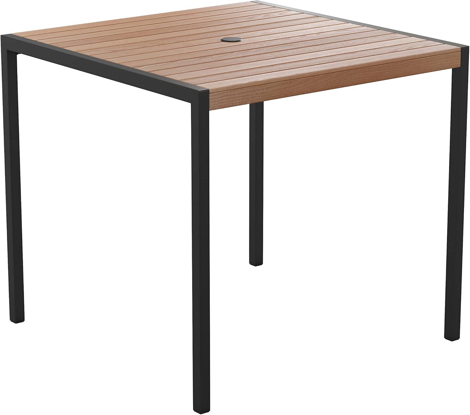 image:imageFlash Furniture 3 Piece Outdoor Dining Table Set Synthetic Teak Poly Slats 35 Square Steel Framed Table with Umbrella Holder Hole 2 Stackable Club Chairs