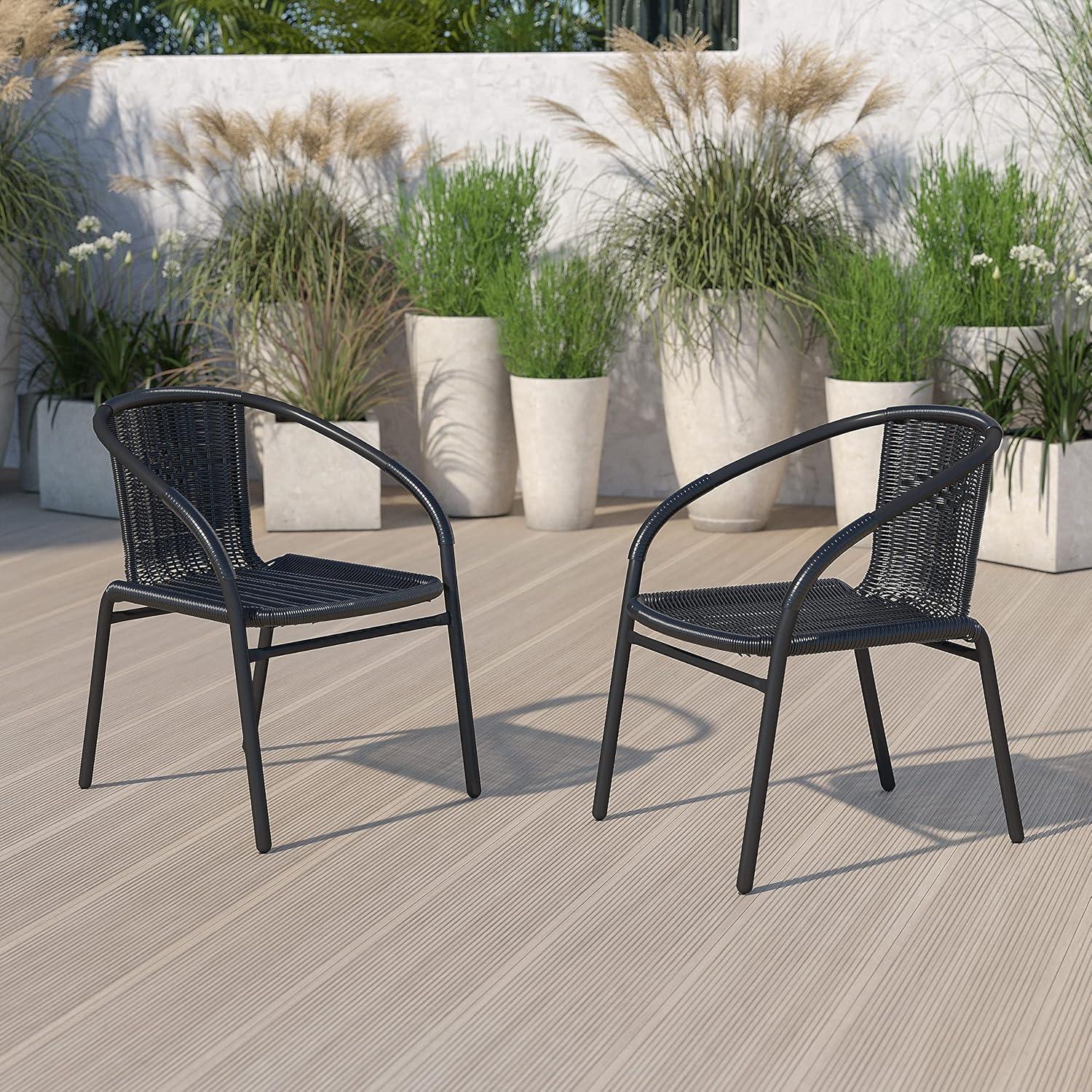 image:imageFlash Furniture 315 Glass Metal Table and 2 Black Rattan Bistro Chairs PatioRestaurant Stackable Dining Set