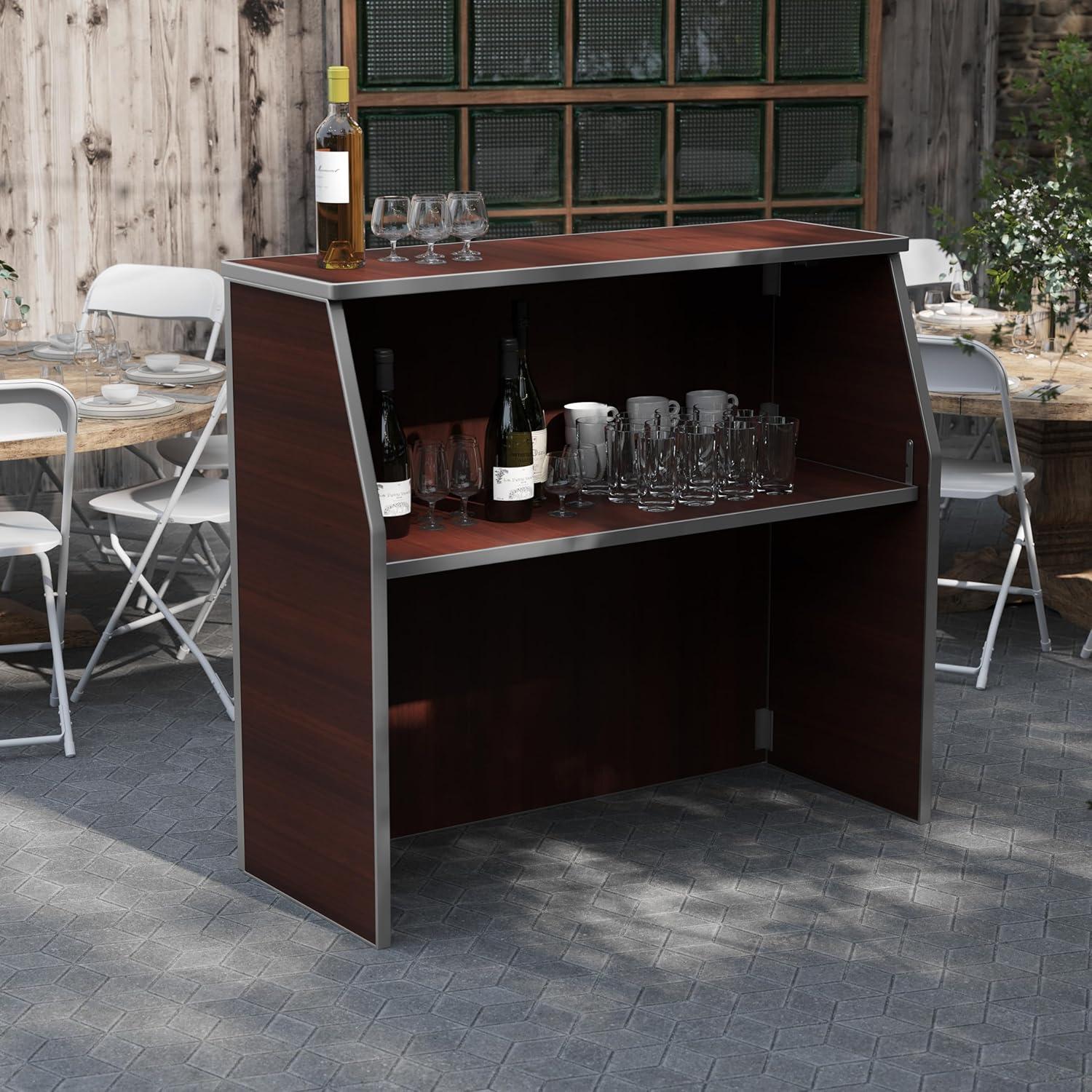 image:imageFlash Furniture 4 Folding Portable Event Bar with Top and Middle Shelves Mobile Laminate Foldable Bar for Parties and Events WhiteWalnut Woodgrain
