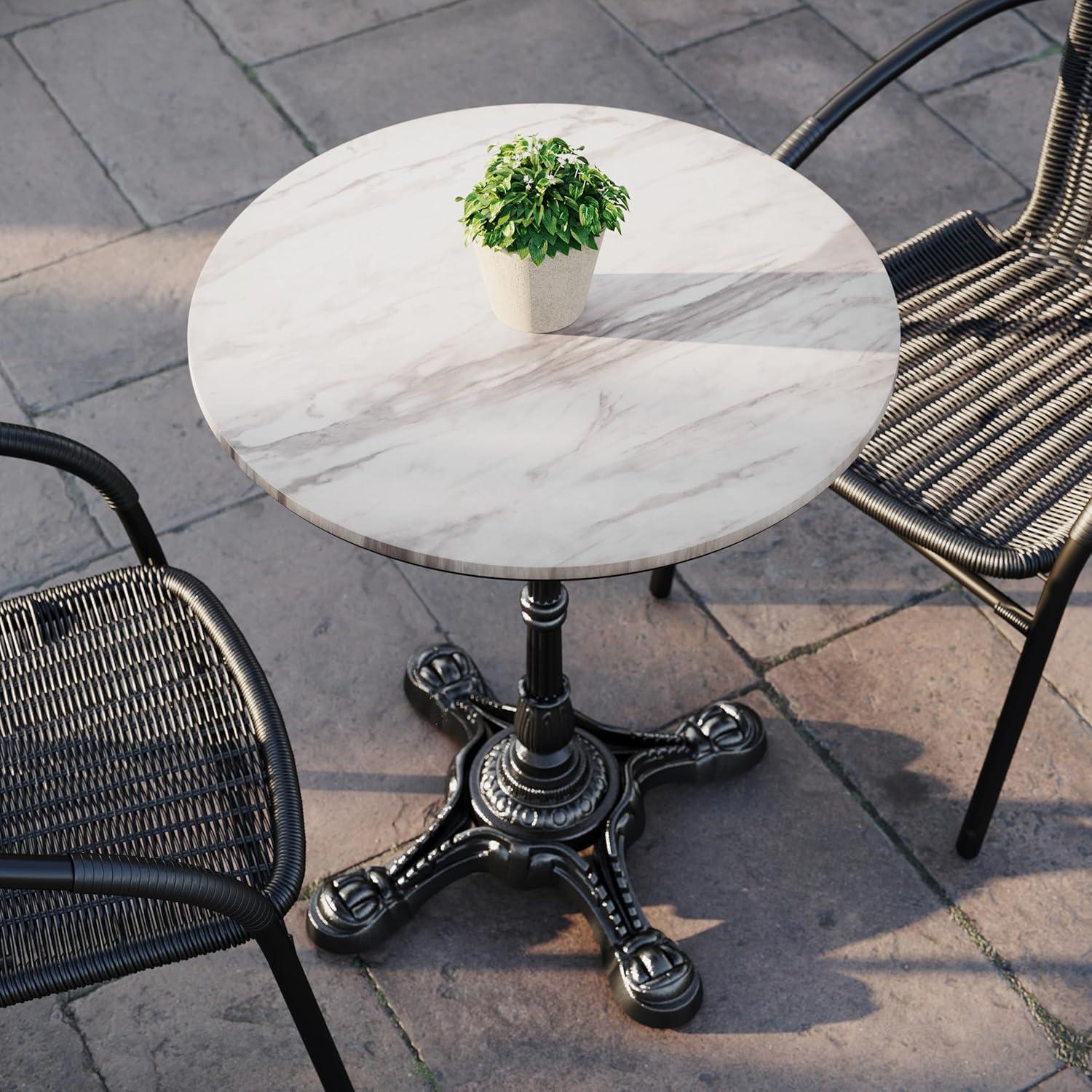 image:imageFlash Furniture Acadia 3125 Round Indoor Outdoor Dark Brown Tabletop with Black Bistro Base Scratch Heat amp UV Resistant Seamless TopGuard HPL Top and EdgeWhite Faux MarbleBlack Base