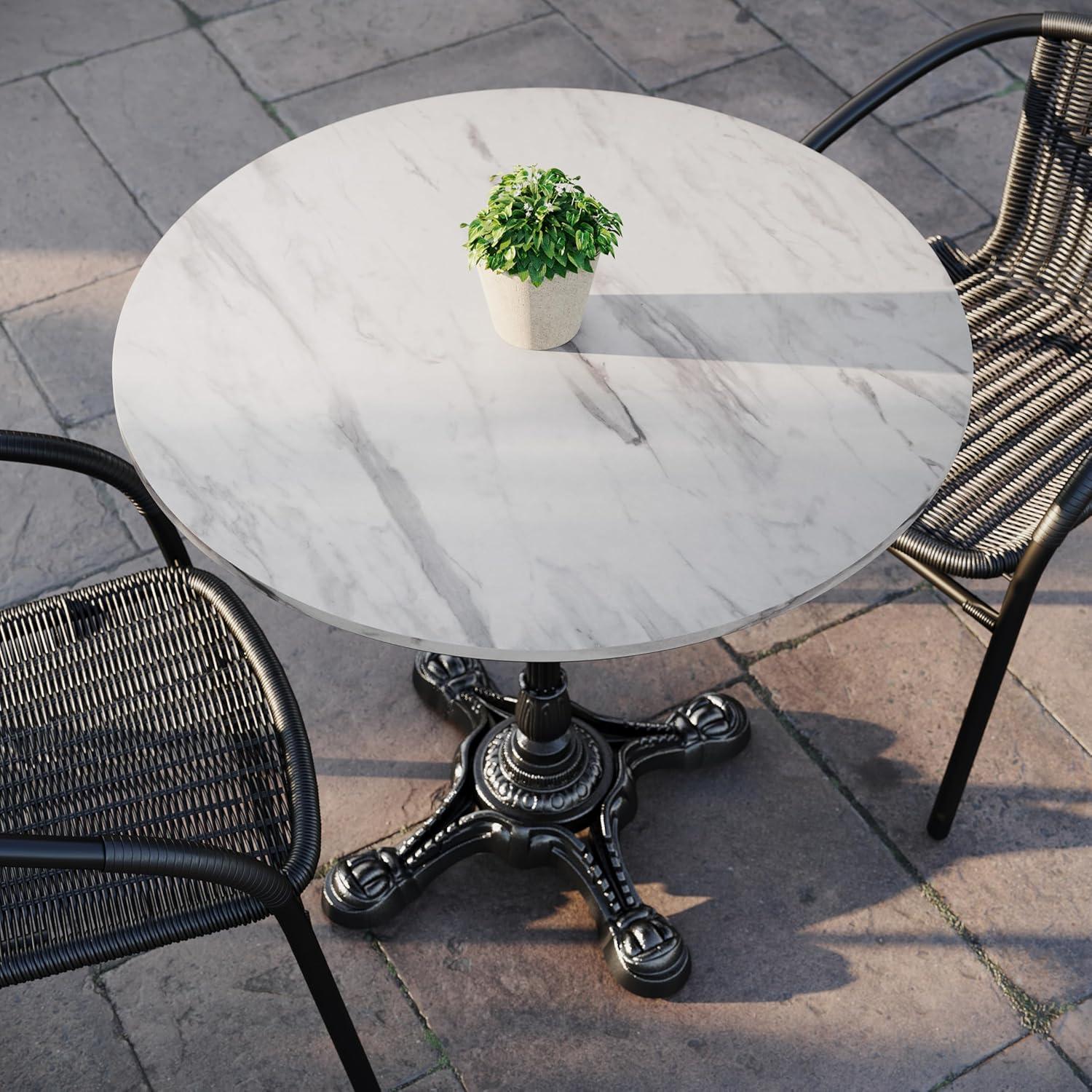 image:imageFlash Furniture Acadia 3125 Round Indoor Outdoor Dark Brown Tabletop with Black Bistro Base Scratch Heat amp UV Resistant Seamless TopGuard HPL Top and EdgeWhite Faux MarbleBlack Base