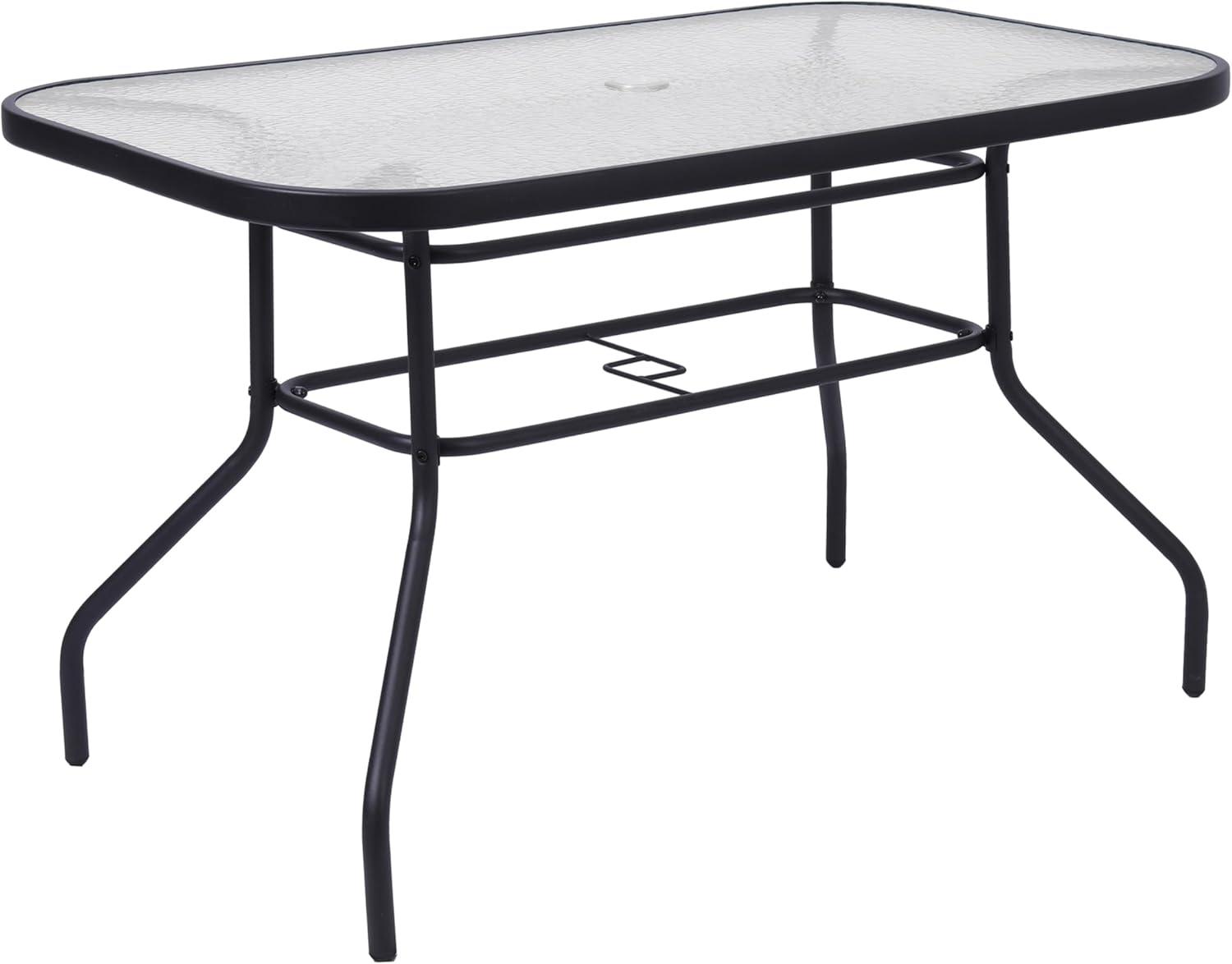 image:imageFlash Furniture Brazos Commercial Outdoor Dining Set 47 Tempered Glass Patio Table with Umbrella Hole 4 Stack Chairs with Flex Comfort Seats and Backs NavyBlackBlack