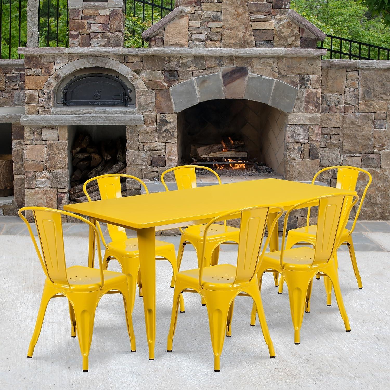 image:imageFlash Furniture Commercial Grade 315 x 63 Rectangular White Metal IndoorOutdoor Table Set with 6 Stack ChairsYellow