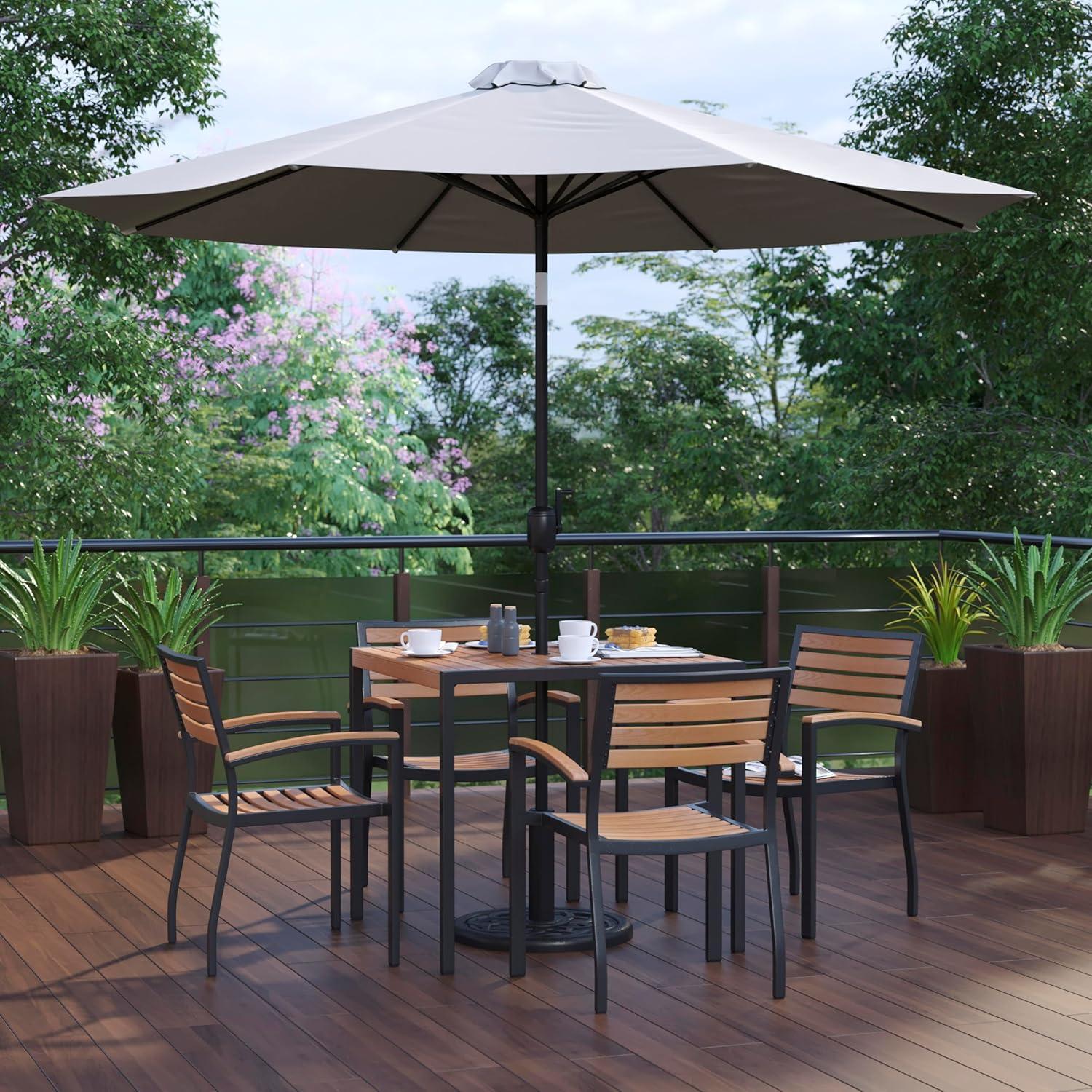 image:imageFlash Furniture Lark 7 Piece Outdoor Patio Dining Table Set 4 Synthetic Teak Stackable Chairs with Arms 35 Square Table Tan Umbrella with BaseGrey